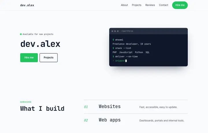 Freelance developer website template, Terminal style
